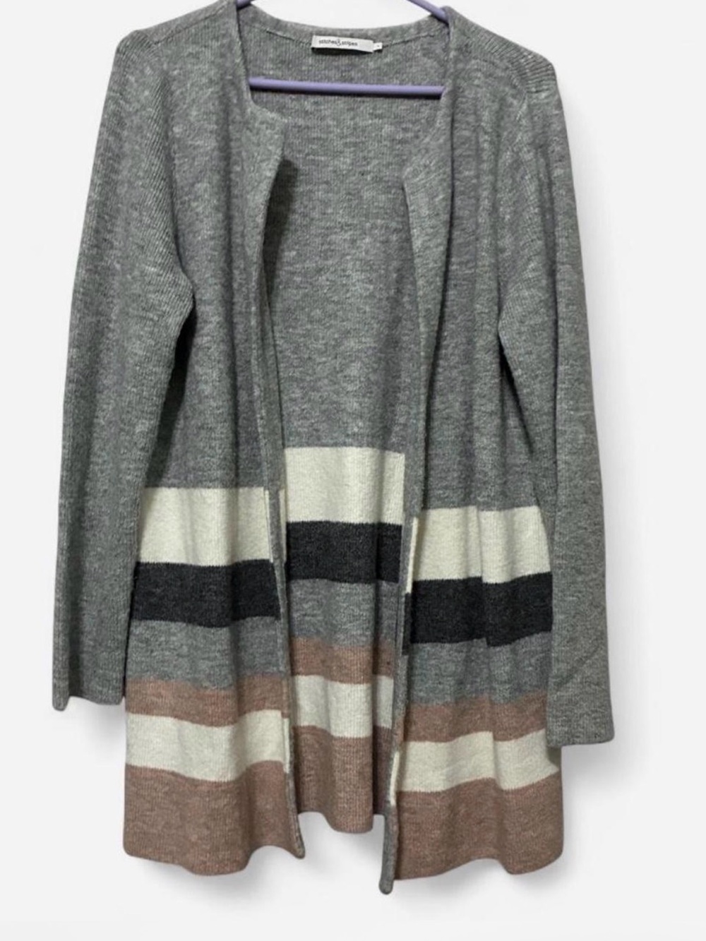 Women's Stitches & Stripes Open-Front Striped Hem Cardigan Sweater - Gray